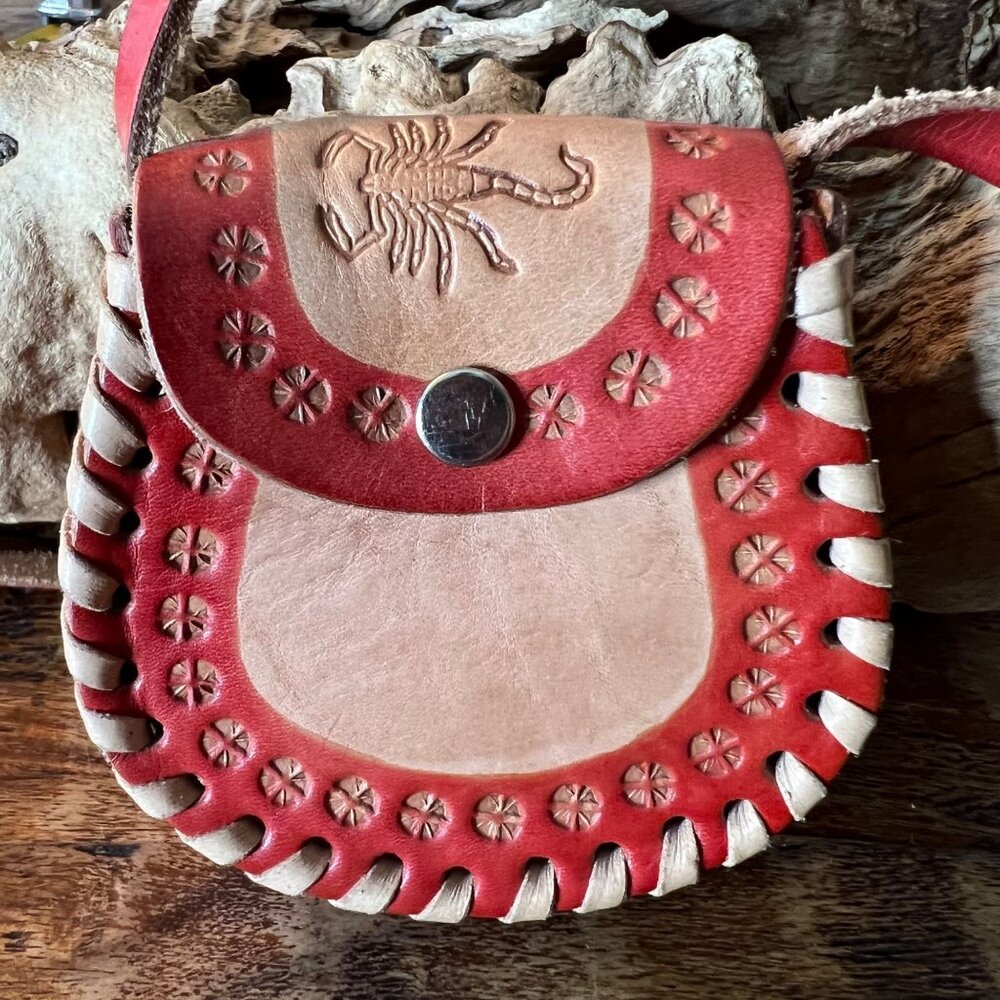 Vintage Durango Scorpion Tooled Leather Mini Crossbody Bag With Red Accents